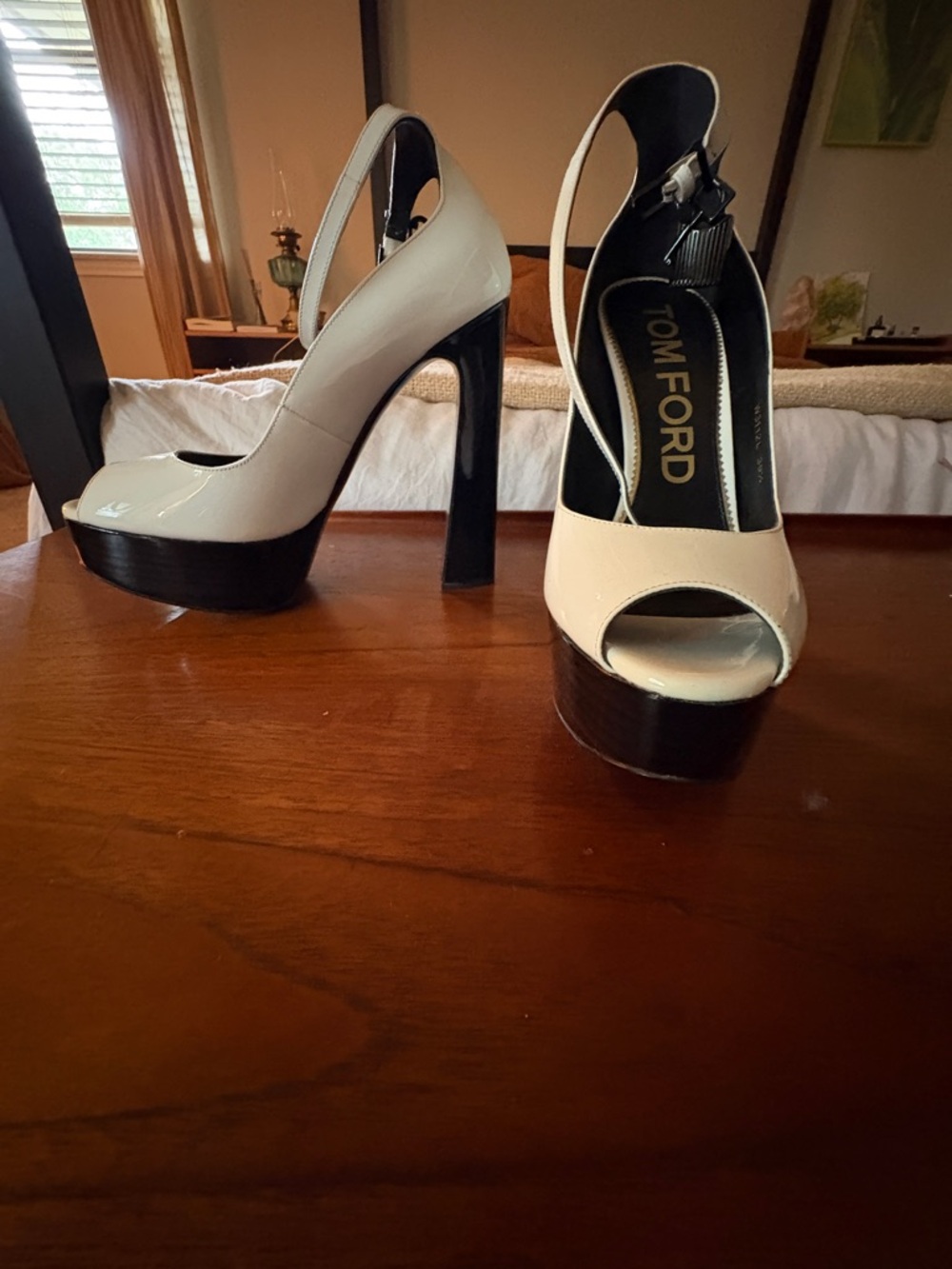 Tom Ford White Patent Leather Peep-Toe Platform Heels with Black Platform